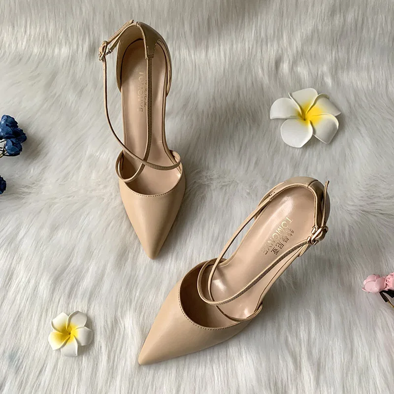 Nude Matte Leather Crossed Straps Pointed Toe Elegant Medium High Heel Evening Dress Shoes Pump Small Plus size 46 Hot On Sale