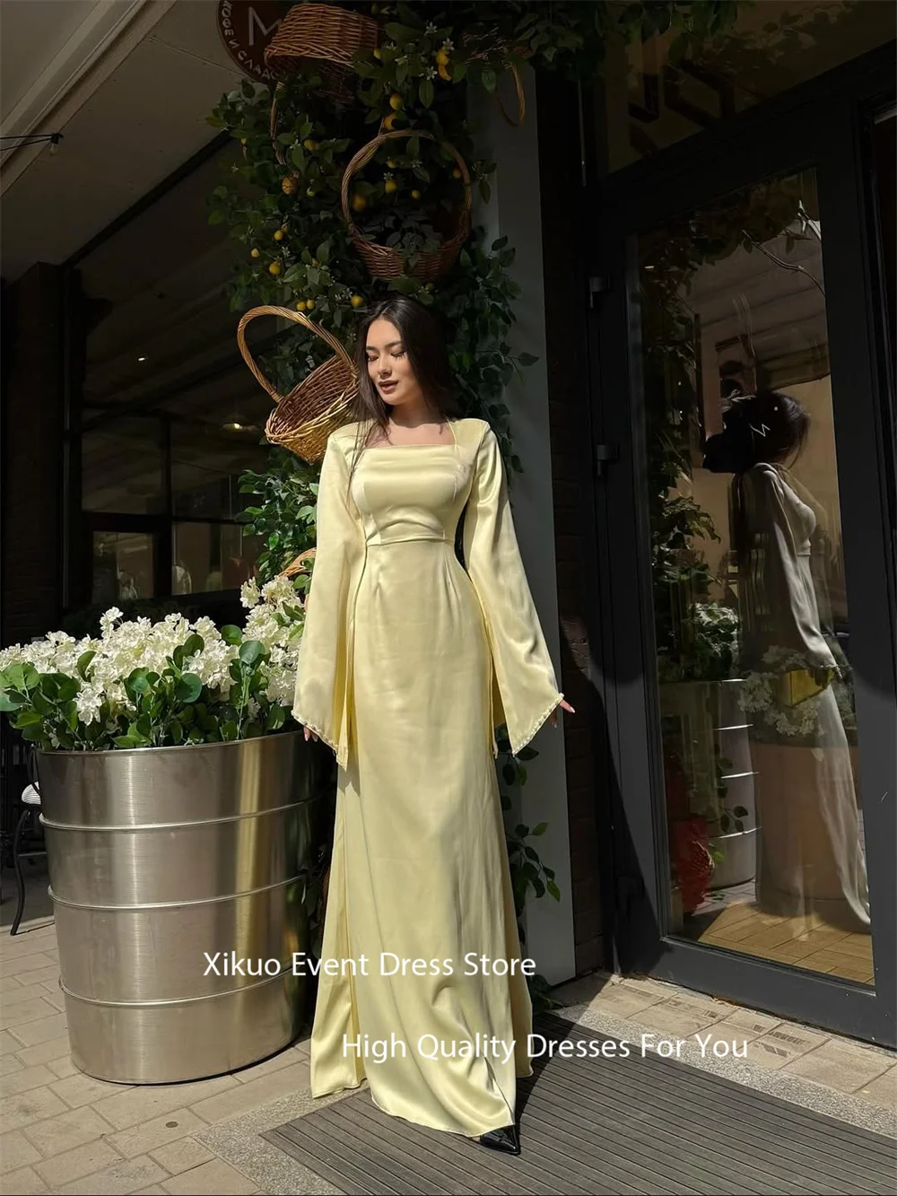 Xikuo Pearl Sleeves Satin Evening Dress Square Neck Wedding Party Dress Summer Elegant Vestidos De Boda Para Fiestas Customized