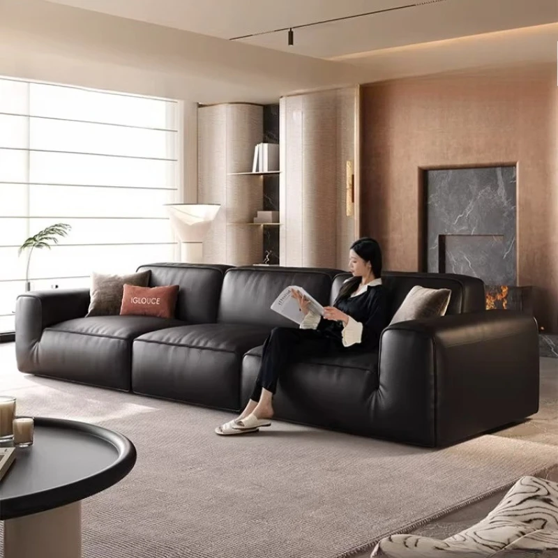 

Italian Style Minimalist Leather Sofa Black Genuine Leather Couch Modern Modular Sectional for Living Room & Home