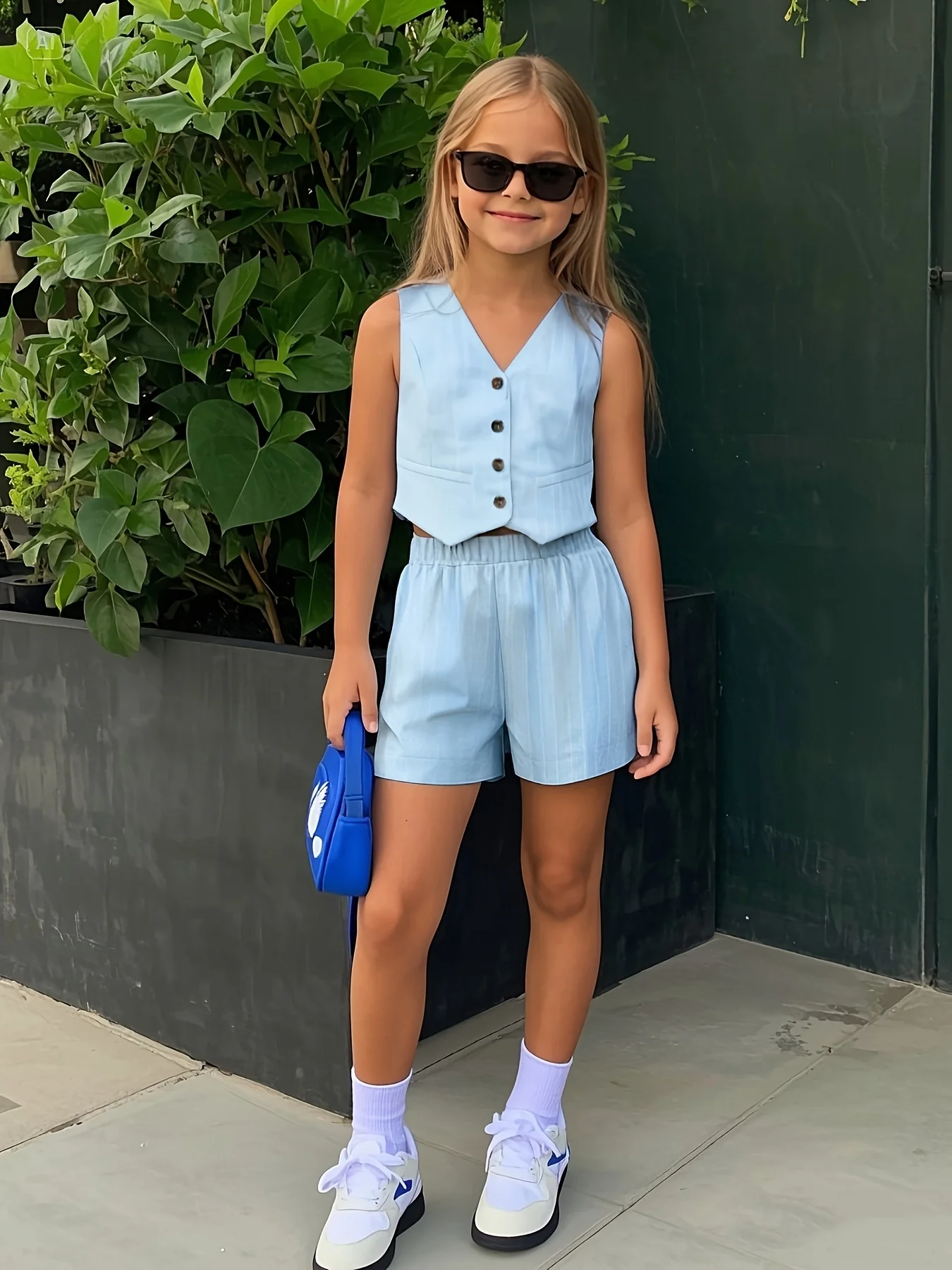 Girls' Summer Casual Outfit: Button-Down Vest and Wide-Leg Shorts Two-Piece Set Suitable for Girls Aged 4-12, Versatile Clothing for Home, Leisure, and Outings