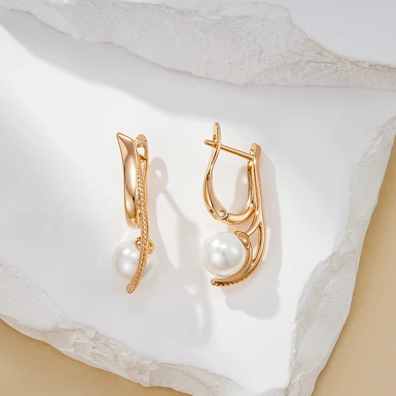 Kinel Luxury Pearl Long Drop Earrings For Women 585 Rose Gold Color Fine Wedding Jewelry Trendy Easy Matching Dangle Earring