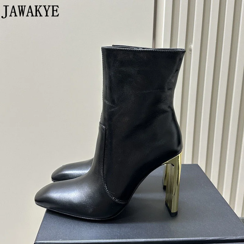 Designerskie nowe buty do kostki ze skóry naturalnej damskie metalowe złote buty na wysokim obcasie na wybiegu imprezowe buty mody Botas Mujer