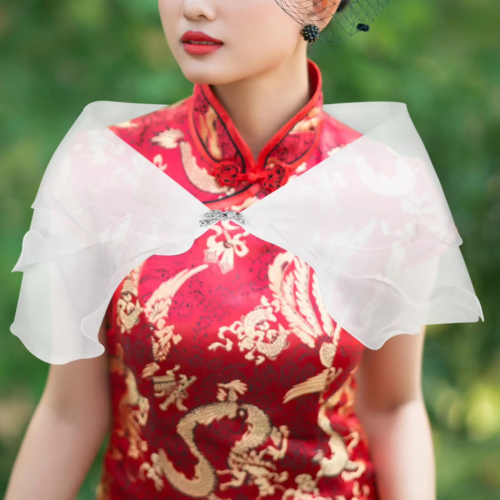 Wedding Dress Cape Bridal Shawl Three-Layer Chiffon Bubble Gauze Soft Wrinkle-Resistant Elegant Wrap for Bride Ceremony