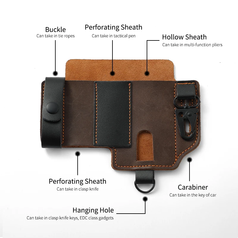 Genuine Cowhide Leather With Buckle Outdoor Portable Tactical Multifunction Belt Holster Pocket EDC Multitool Sheath Hunting Bag