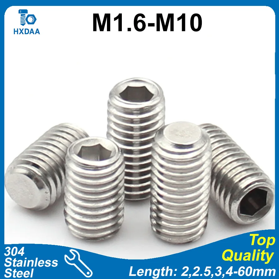 2-10 pces m1.6 m2 m3 m4 m5 m6 m8 m10 304 aço inoxidável sem cabeça hexágono soquete copo ponto grub parafuso sextavado soquete parafusos de fixação