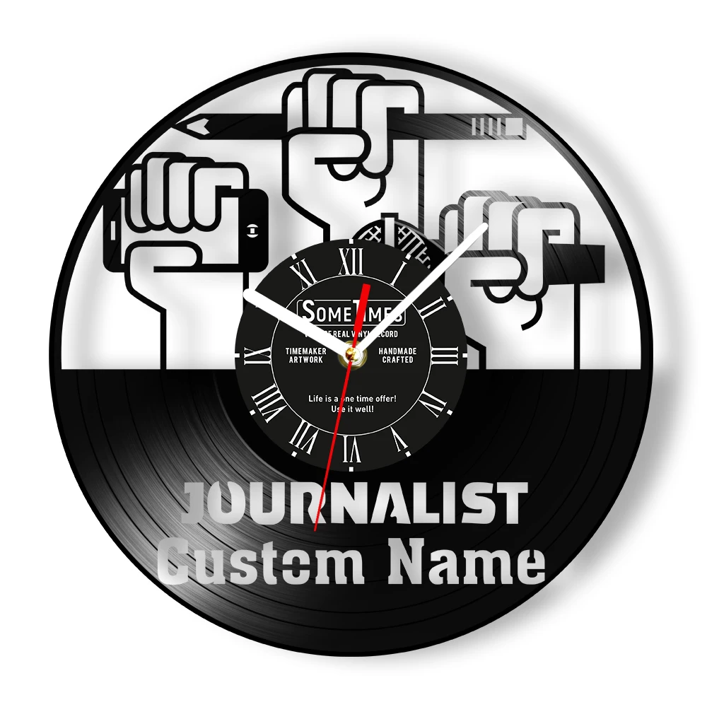 Journalist Custom Text Vinyl Album Re-purposed Record Clock For Office Room Personalized Writer Name Customizable Wall Clock