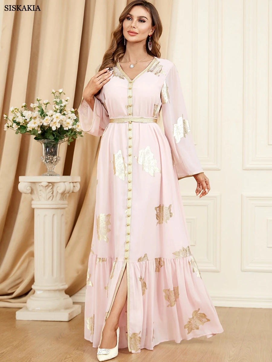 

Siskakia Luxury Long Dress For Muslim Female Split Hem Elegant V-Neck Long Sleeves Women Abayas With Belt Fashion Evening Dress