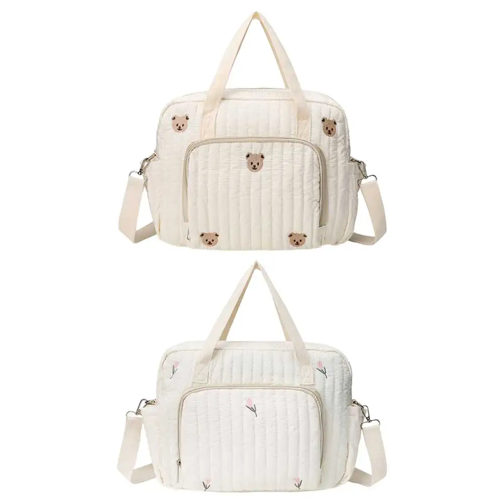 

Стеганая сумка для детских подгузников с медведем/цветаком, многофункциональная универсальная сумка-тоут, хлопковая сумка через плечо, сумка для багажа с регулируемым ремнем