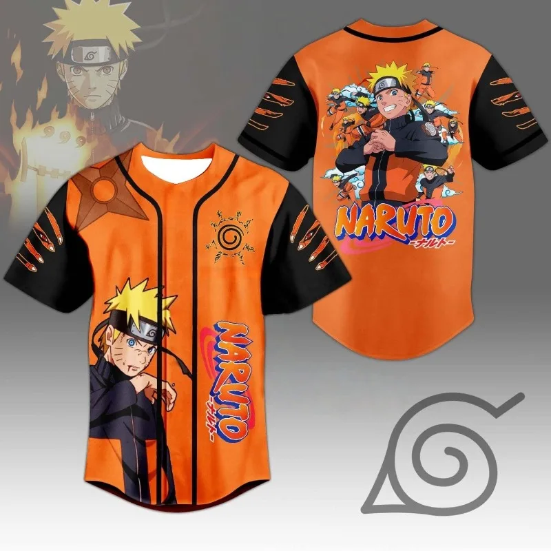2026 New Naruto Theme Multi-Shadow Clone Print Baseball Shirt Orange and Black Color Block Y2K Style Unisex Short-Sleeve T-Shirt