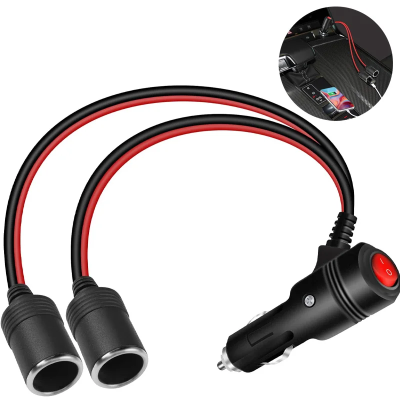 Car Cigarette Lighter 12V 24V Splitter Adapter W/ On Off Switch 1 Male To 2 Female Sockets Y Splitter Car Accessories 10cm