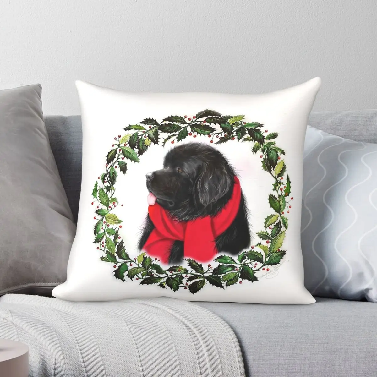 Christmas Newfie Wreath Square Pillowcase Polyester Linen Velvet Pattern Zip Decorative Room Cushion Cover 45x45