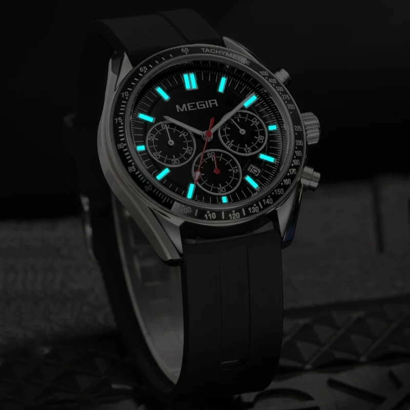 MEGIR 8105 Quartz Watches Sport Outdoors Chronograph Luminous Black Blue Silicone Strap Calendar Analog Display Male Wristwatch