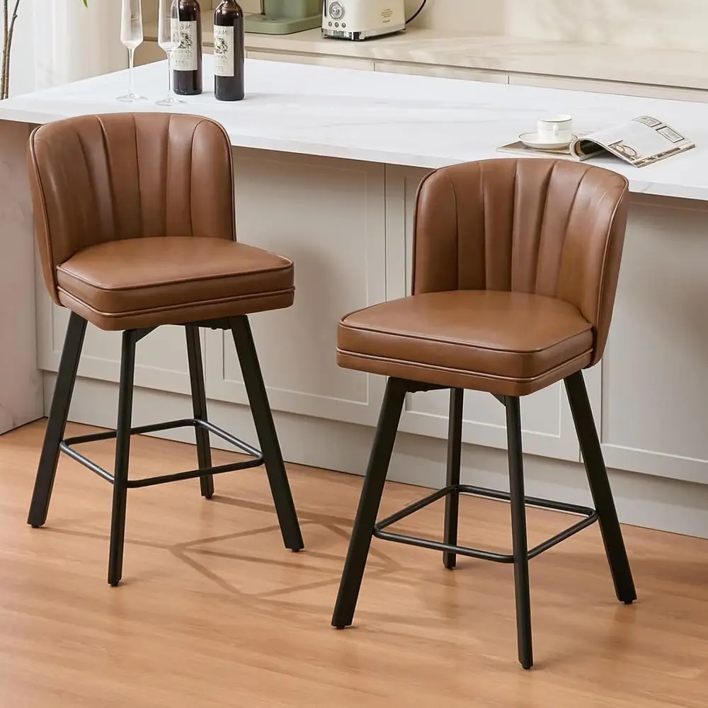 

Set of 2 26 Counter Height Bar Stools with Backs and Metal Legs, Upholstered in Faux Leather, Brown Stools for Kitchen Island or