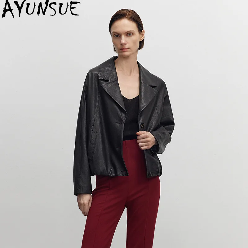 AYUNSUE 천연 양피 정품 가죽 자켓 여성 루즈 피트 블랙 여성 자켓 봄 가을 옷 Jaqueta De Couro