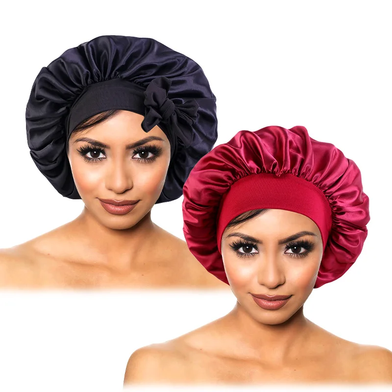 2PCS/LOT Women Solid Satin Bonnet with Wide Stretch Ties Long Hair Care Night Sleep Hat Adjust Hair Styling Cap Silky Head Wrap