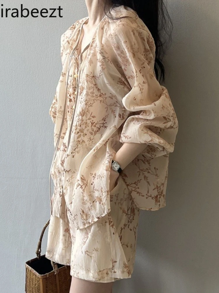 

Women's Summer Outfit Retro Long Sleeve Top with High Waist Wide Leg Shorts Set Elegant Loose Fit Casual Two Piece Suit