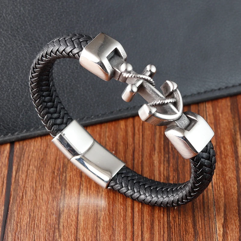 

Punk Stainless Steel Anchor Bracelets Genuine Leather Bracelet & Bangles for Men Jewelry Black Color Fashion Gift