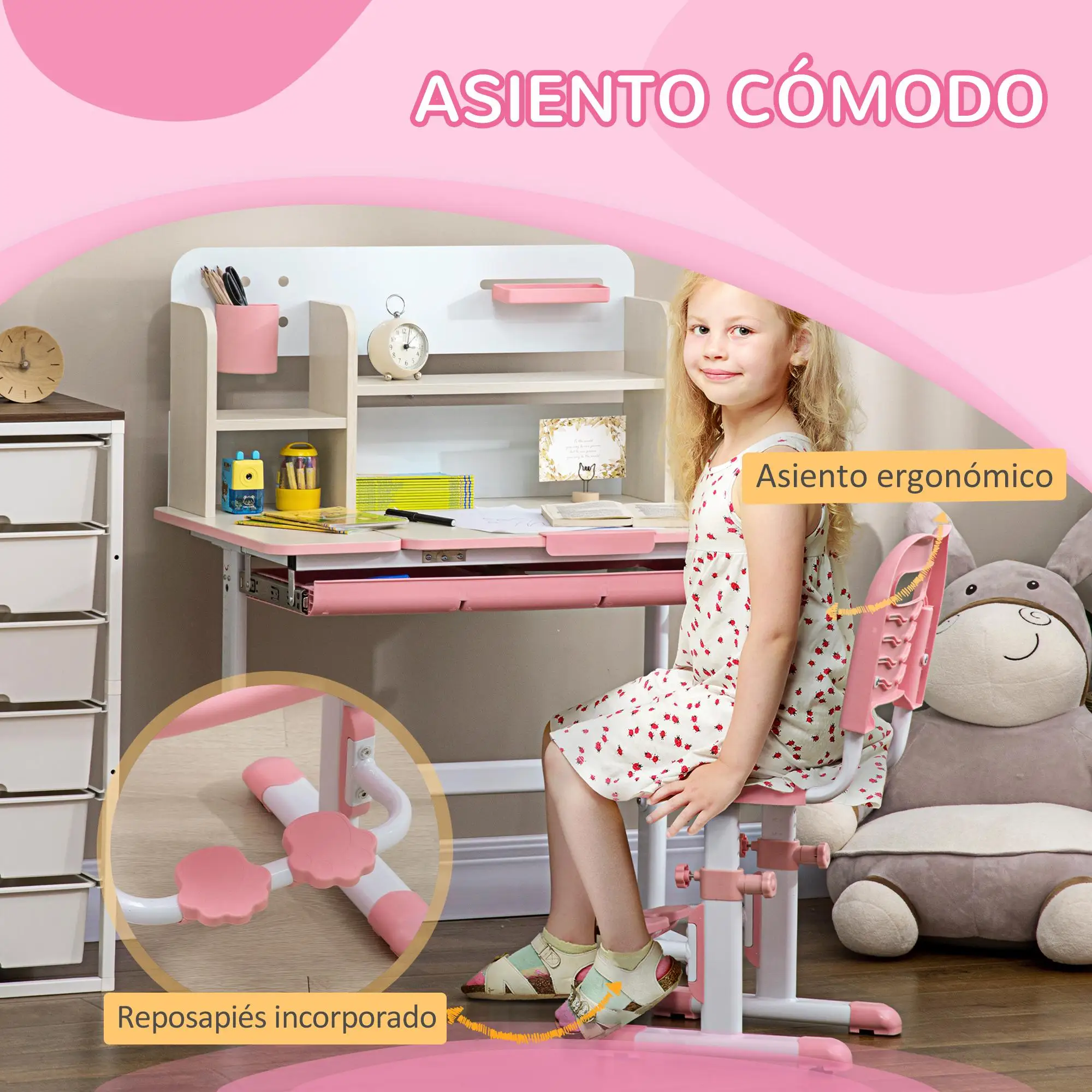 Ensemble bureau et chaise pour enfants HOMCOM rose, table réglable en hauteur, inclinable à 60 degrés. Organisateur de tiroir ergonomique pour les tout-petits à partir de 3 ans