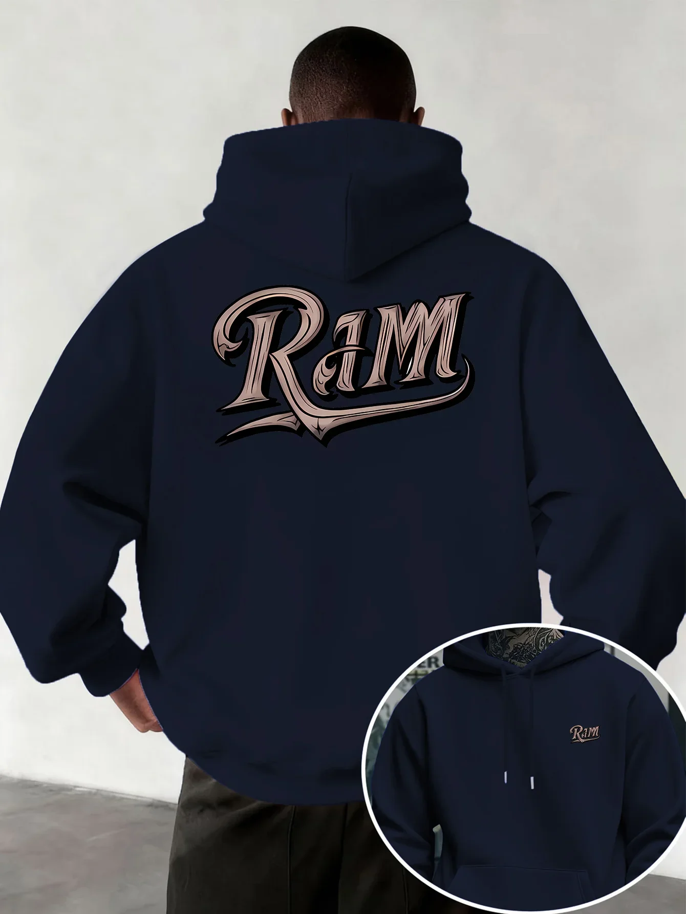 Dark Green RAM Stylized Letter Back Print Hoodie American Old School Script Daily Basic Hoodie Unisex Loose