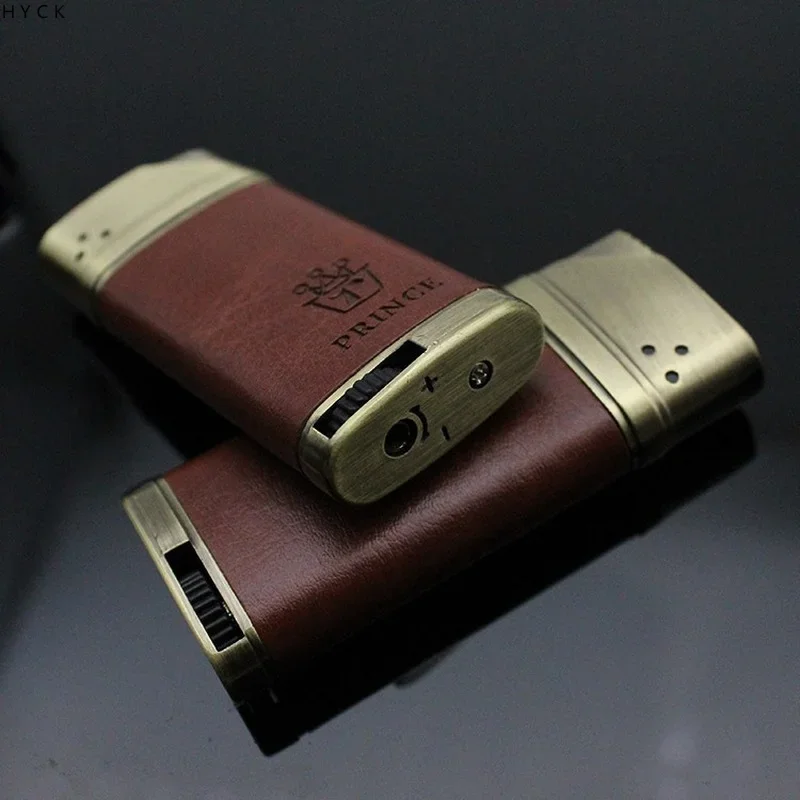 Business lighter, high-end metal leather, inflatable windproof blue flame, straight towards cigar, personalized lighter