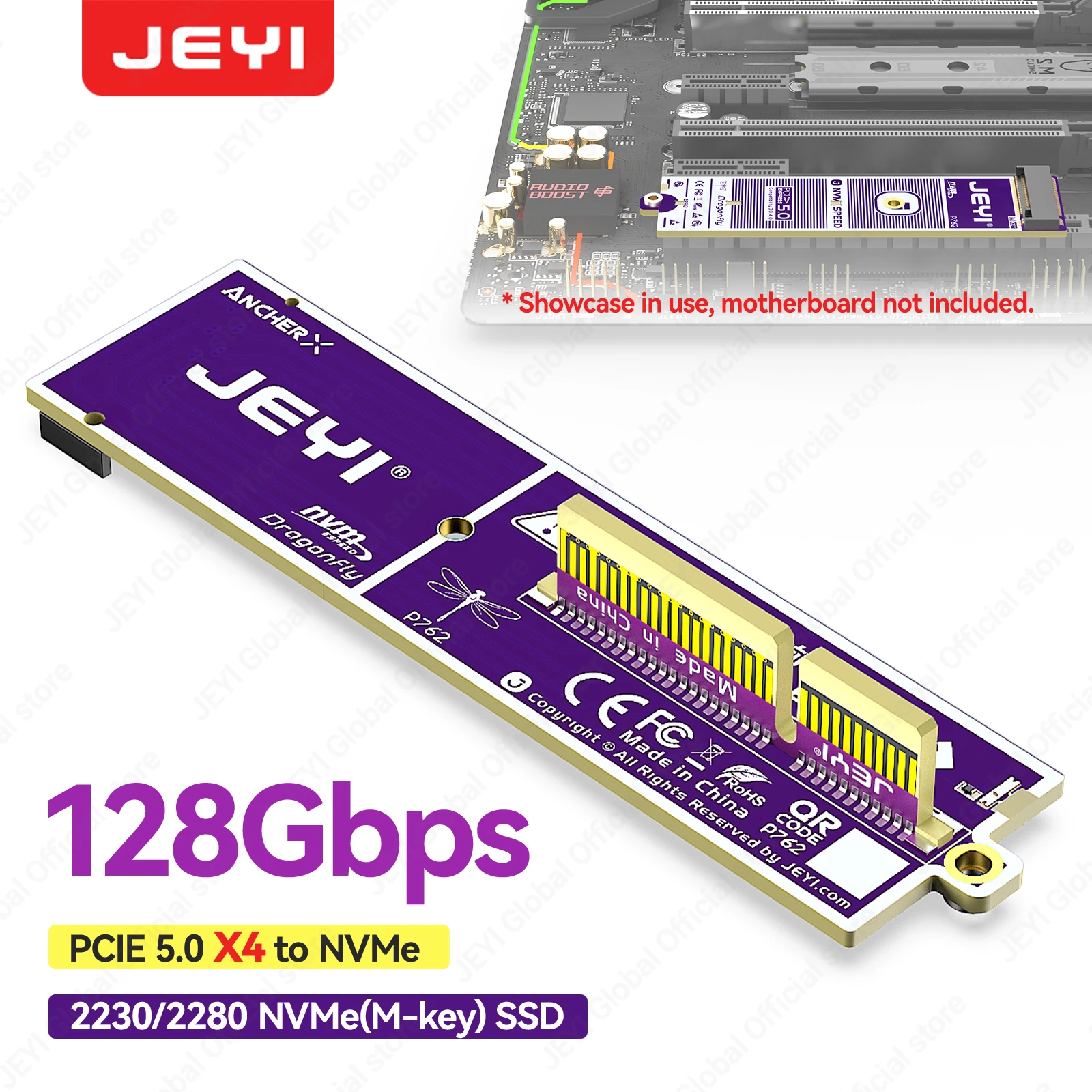 JEYI Flat PCIe 5.0 X4 to NVMe Adapter Card 32Gbps No GPU Obstruction Support M2 2230/2280 NVMe SSD for PCIe X16/X8/X4 Slot
