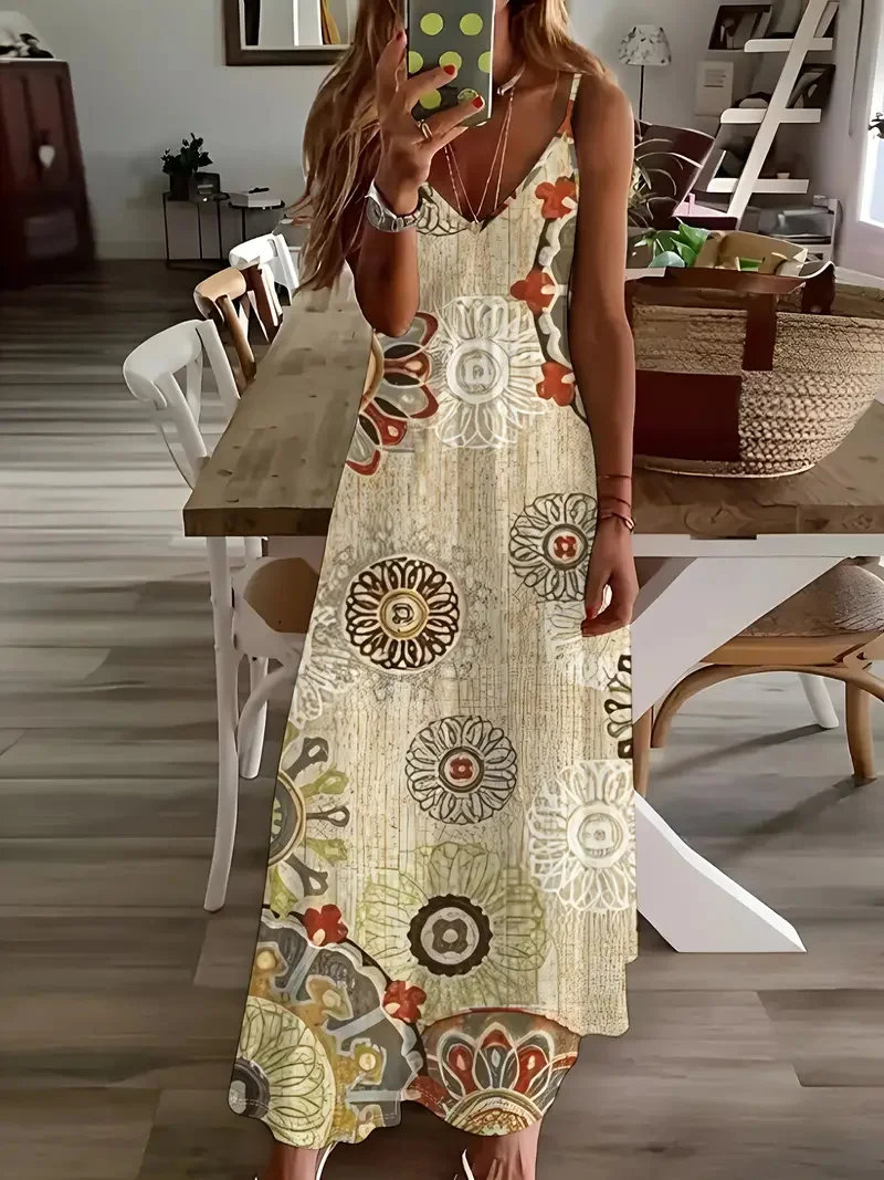 Summer New Colorful Splash Ink Print Beach Vacation Street Fashion Women's Dress Fashion Flower Suspender Long Skirt Loose Dress