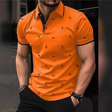 

2026 Summer European / American Men's casual Polo shirt Flamingo Fashion Personalized Printed Street Short Sleeve Men's T-shirt
