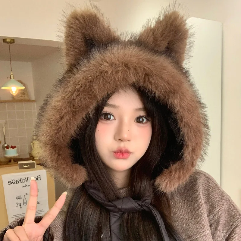 

2025 New Solid Color Simple Breathable Comfortable Ear Protection Hat Ear Lmitation Mink Hair Comfortable Warm Head Cap