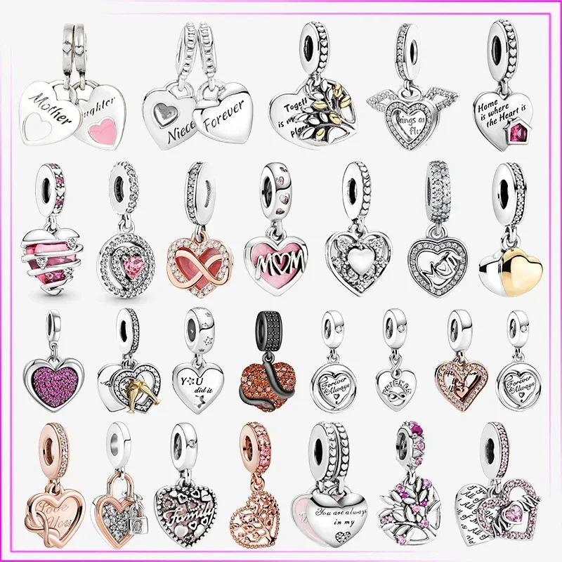 

925 Sterling Silver Charm Heart Series Pendant For Original Charms DIY Bracelet Dad Mom Bead Sisters Gift Women Jewelry