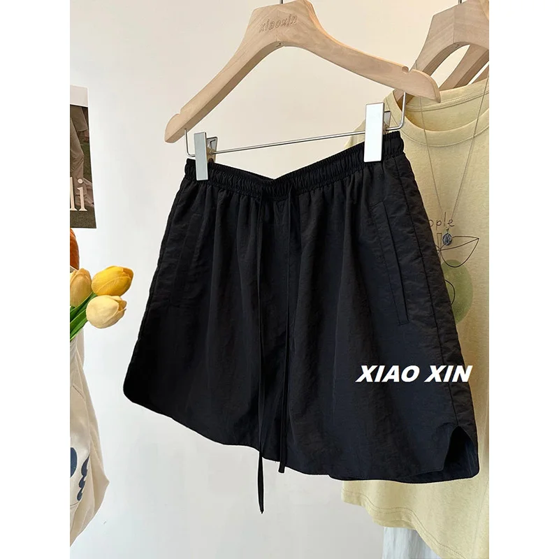 Summer Office Lady Thin Solid Loose Casual Drawstring Motion Shorts Women Fashion Breathable Lazy Comfortable Wide Leg Shorts