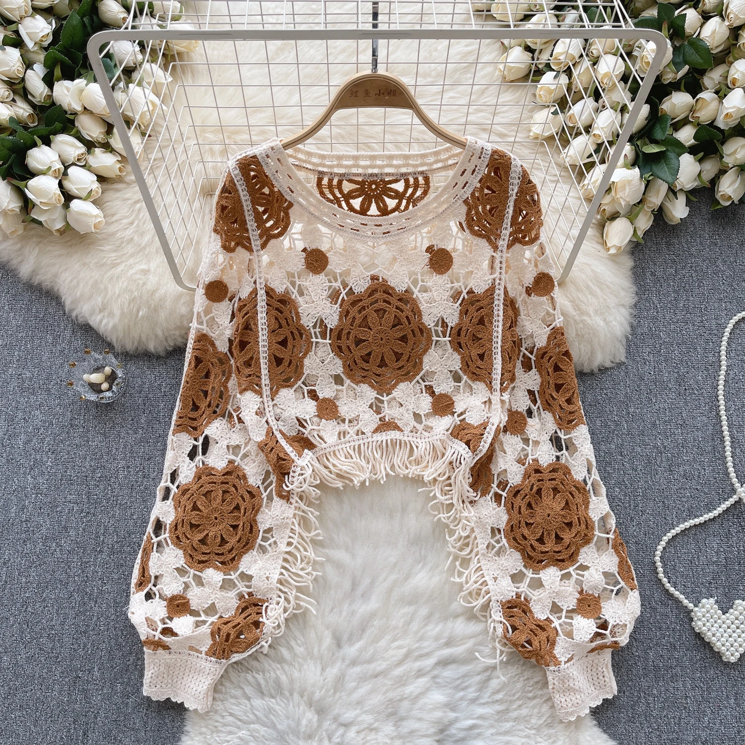 Chic Floral Long Batwing Sleeve Vintage Hollow Crochet Tassel Capes Blouse Fashion Tops Sexy Elegant Autumn Women Pullover