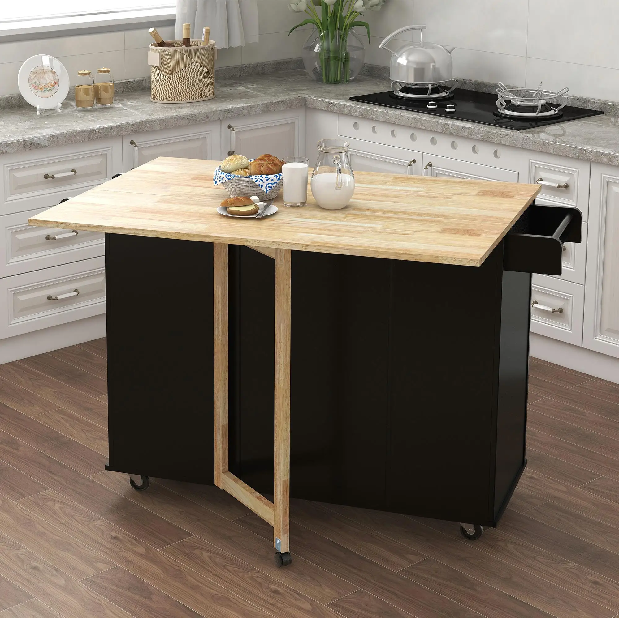 Black Kitchen Island with Spice Rack & Towel Holder, Extendable Solid Wood Tabletop - Perfect for Culinary Spaces