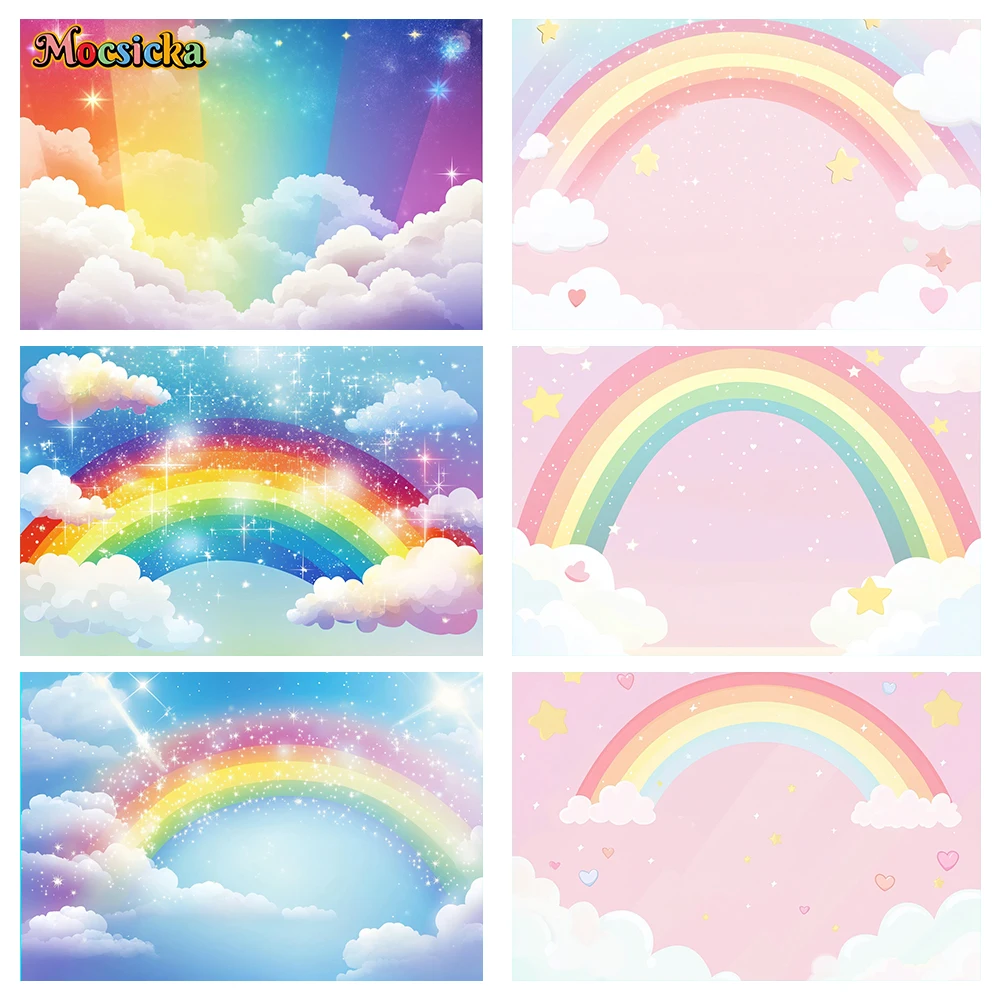 

Mocsicka Photography Backgrounds rainbow with sparkling clouds baby shower cake smash happy birthday photo background studio