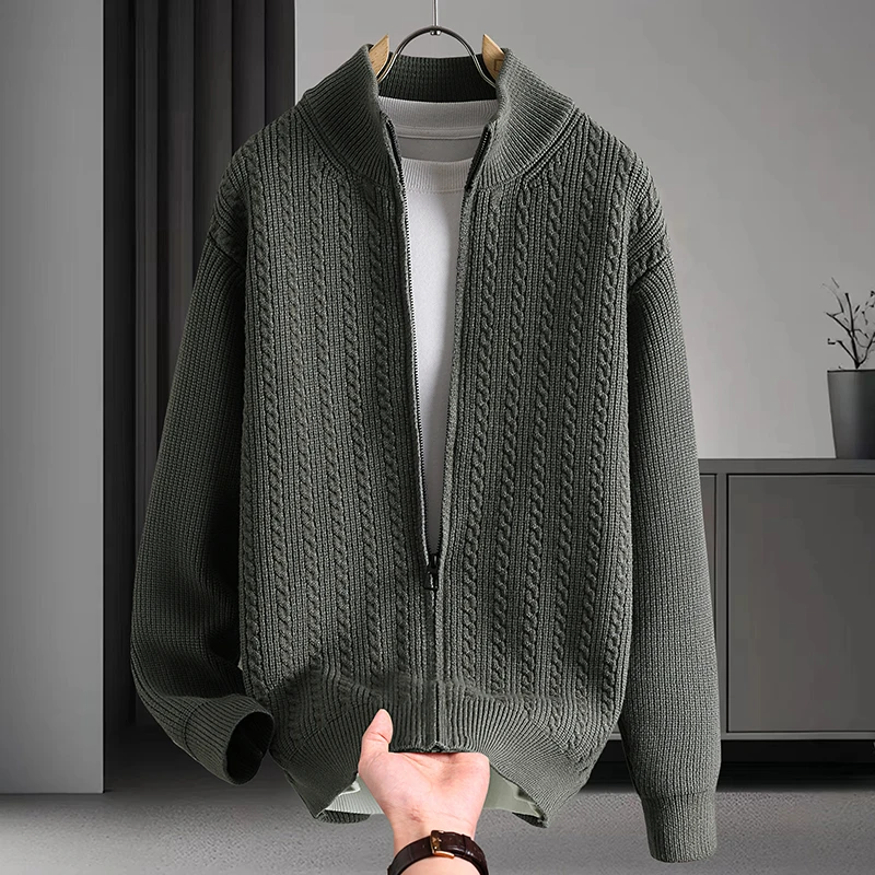 

Однотонный вязаный кардиган на молнии для мужчин, весна-осень, простой японский стиль, молодежный свитер-жакет из полиэфирного волокна