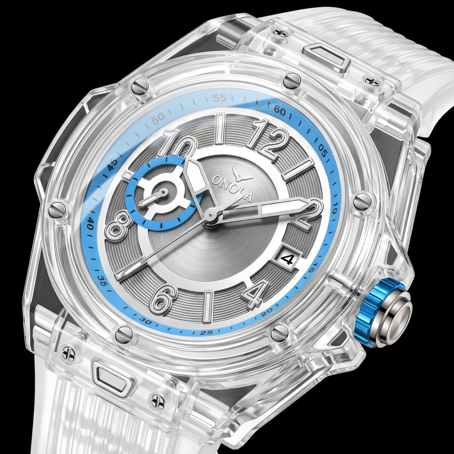 ONOLA Men's Fashion Quartz Watch Transparent Case Silicone Strap Waterproof Night Light Suitable for Daily Outdoor Use