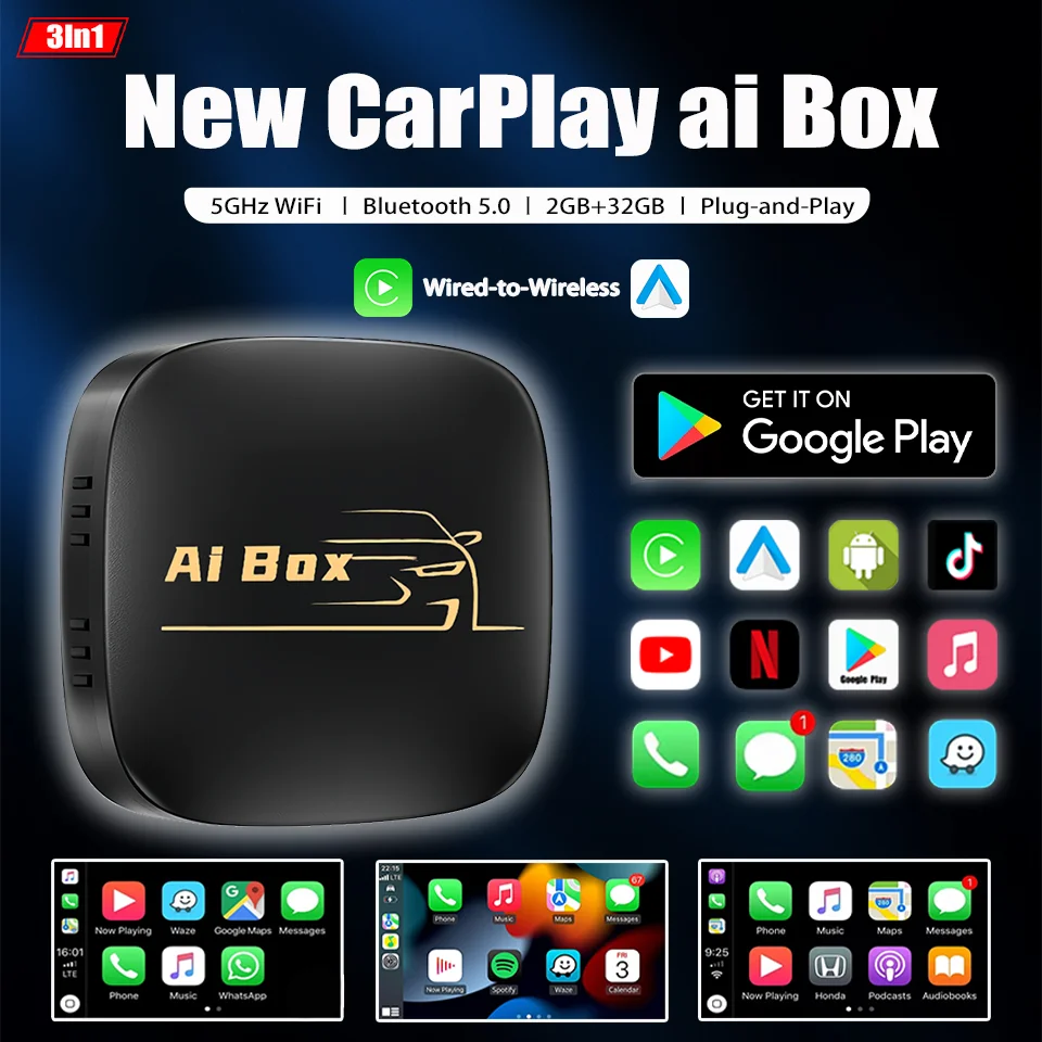 

2025 New Carply Ai Box Android13 & Android Auto 3In1 Multimedia Smart Box Built-in Netflix YouTube Google App Store Plug & Play