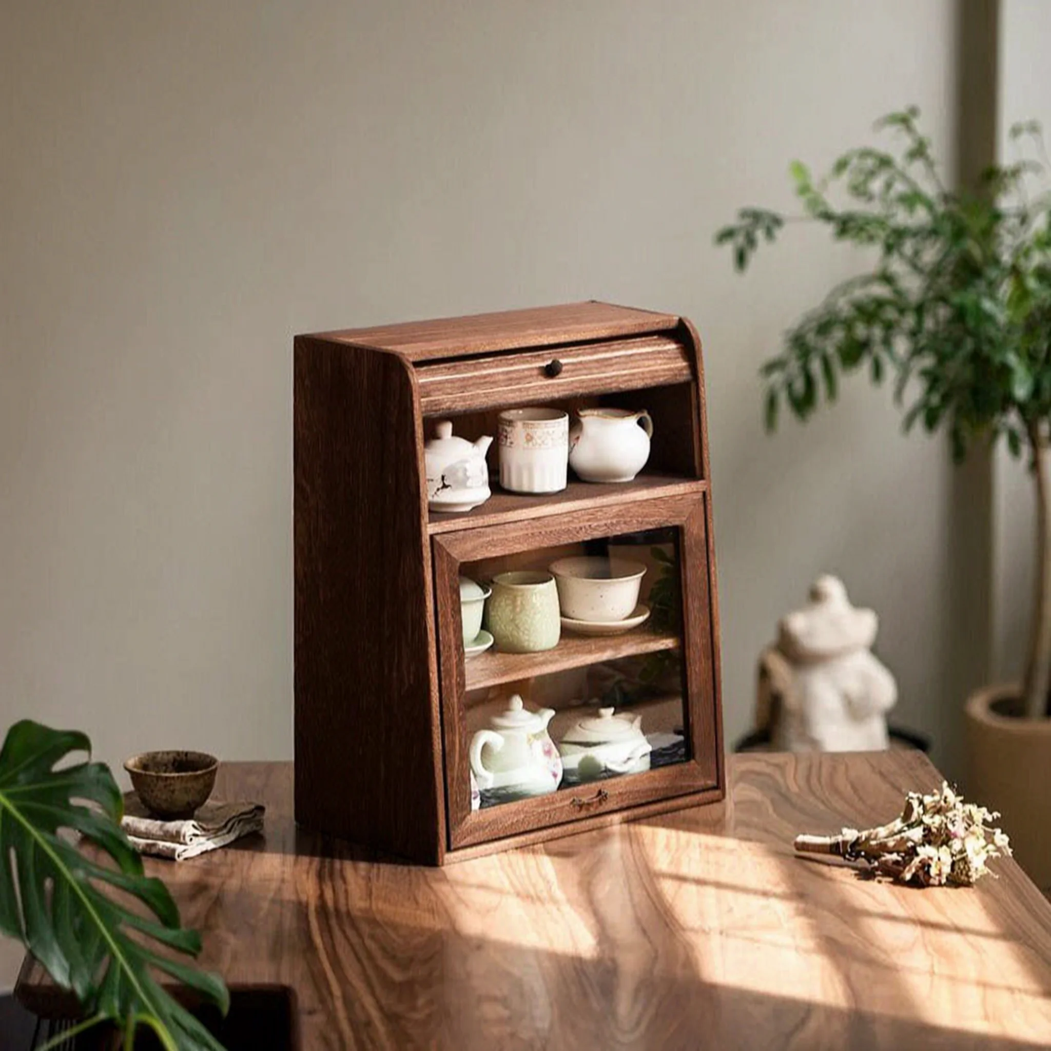 Roll-up Shutter Door Wood Grain Chinese Tea Storage Cabinet Multi-Compartment Tea Storage Cabinet