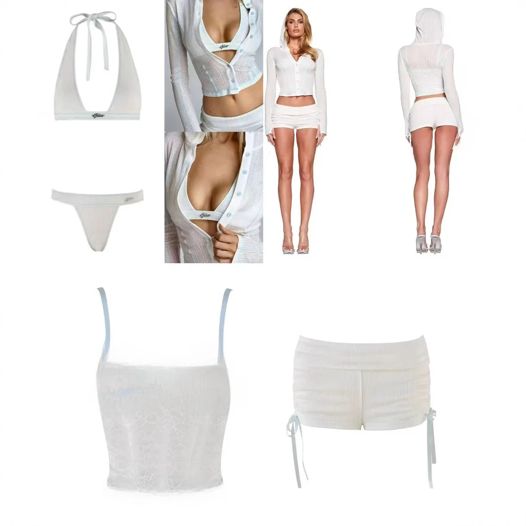 

Женский комплект IIA Pure Desire: полупрозрачный кружевной топ с цветочным узором, V-образным вырезом и короткими бретелями, а также плиссированные атласные шорты на шнурке с капюшоном.