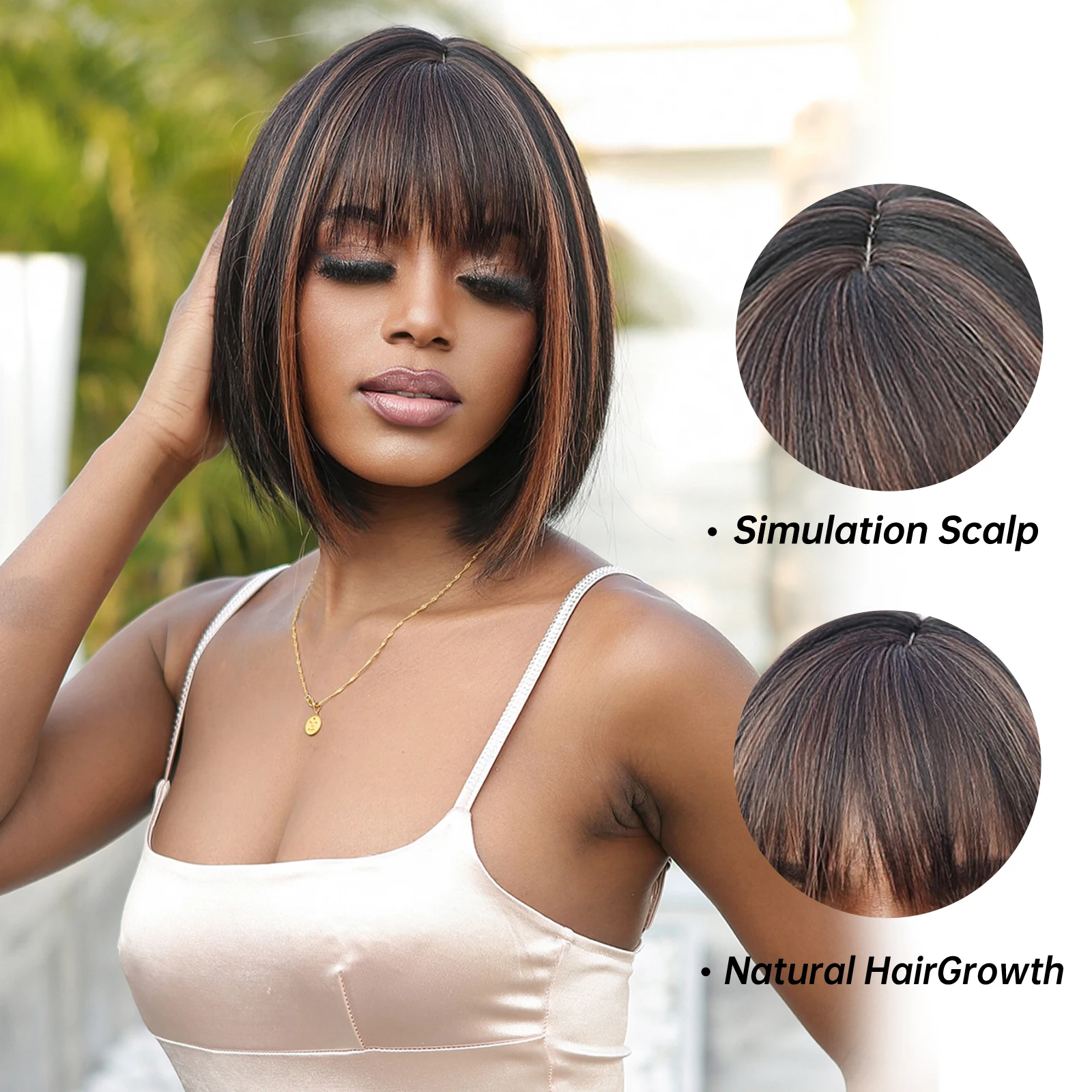 Black Brown Highlight Wigs Short Straight Synthetic Hair Wig for Black Women Black Bob Wigs Daily Party Heat Resistant Fake Hair