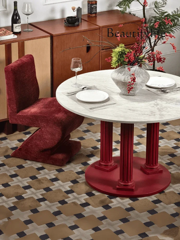 Roman pillar rock slab round table dining table anti-scratch  anti-scalding small apartment European light luxury modern style