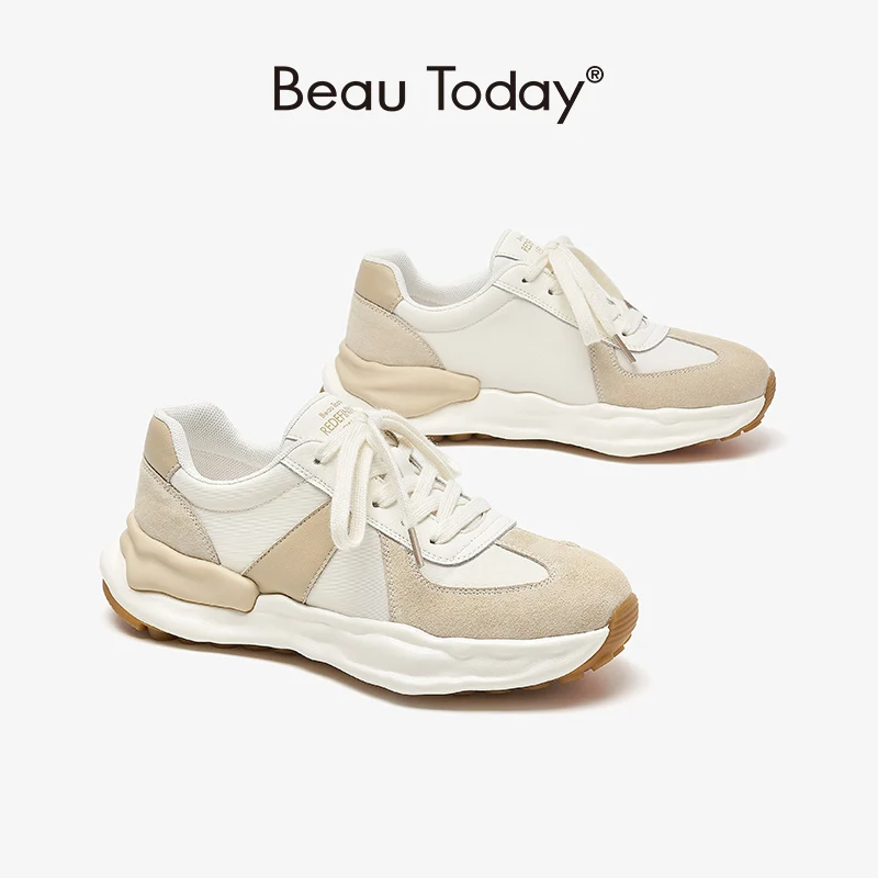 BeauToday Chunky Sneakers Women Leather Patchwork Round Toe Lace Up Design Vulcanized Sole Female Trainers Handmade 29162