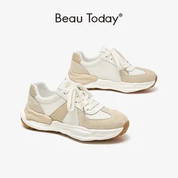 BeauToday Chunky Sneakers Women Leather Patchwork Round Toe Lace Up Design Vulcanized Sole Female Trainers Handmade 29162