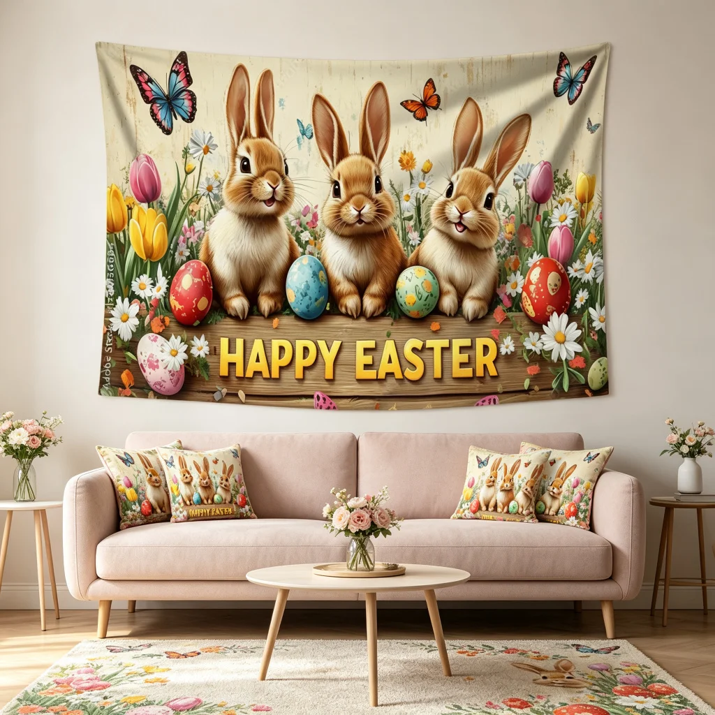 1PC Easter Bunny Floral Art Print Backdrop Banner, Bedroom Living Room Photo Background, Polyester, Home Decor, Wall Art