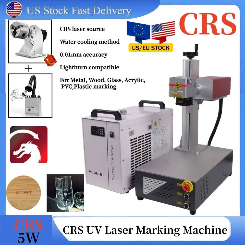 

[Бесплатная доставка] CRS 5 Вт УФ-лазерная маркировочная машина с водяным охлаждением, высокоточный лазерный гравер для металла, дерева, пластика, акрила, стекла