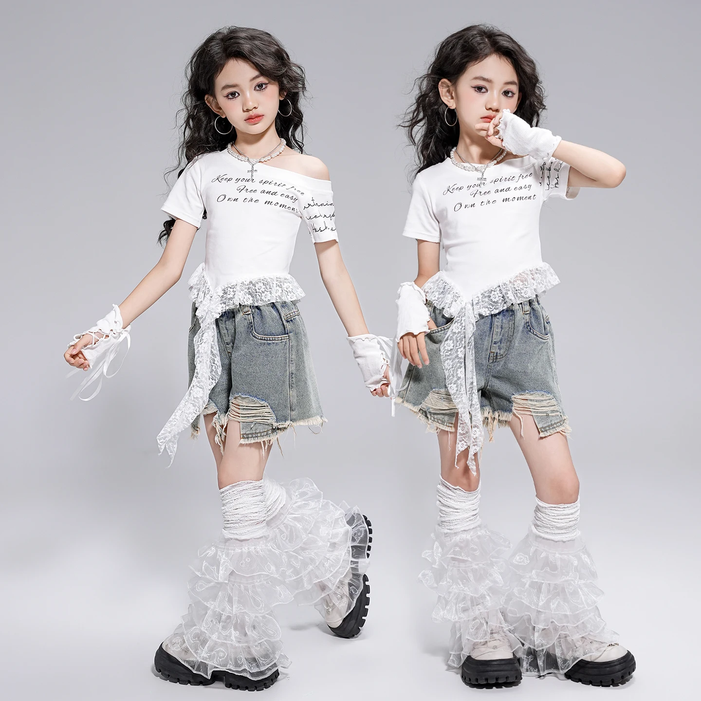 Mädchen Hip Hop Süße Crop Tops Denim Shorts Cargo Hosen Kind K-pop Streetwear Kind Jazz Mädchen Bühne Zeigen straße Dance Kleidung Set
