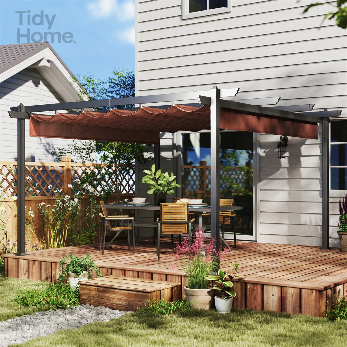 

Outdoor Pergola 12'x12' Upgraded Canopy with Adjustable Roof Metal Patio Pergola with Brown Shade Cover for Garden Backy
