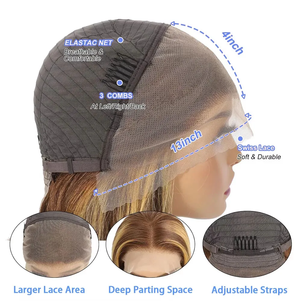 Peluca Bob con ondas de agua 13x4 P4/27 resaltado 13x4 peluca Frontal de encaje transparente 100% peluca de cabello humano brasileño 150 de densidad para mujeres