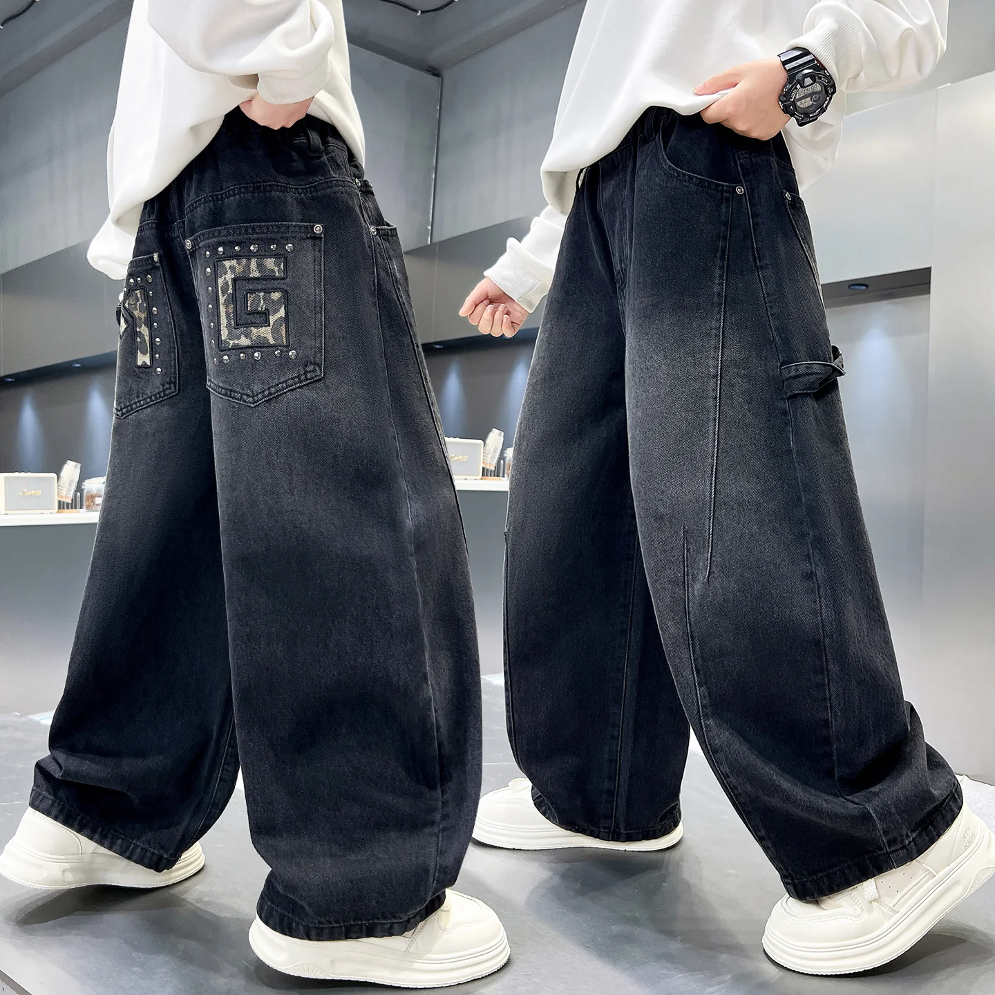 Kids Boys Jeans 2026 Autumn Junior Boys Letter Pockets Denim Pants Simple 4-16Yrs Teens Boys Straight Pant Boys Trousers