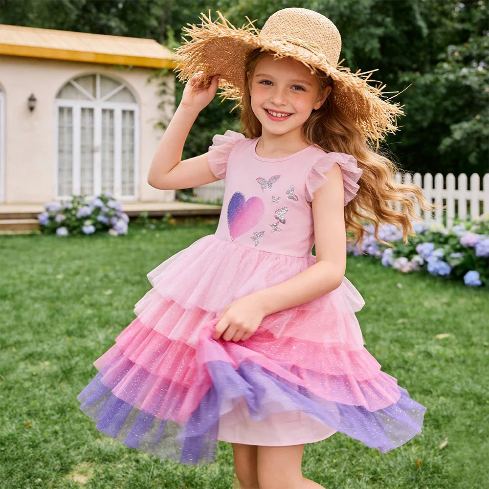 Girls Pink Tulle Tutu Dress Kids Ombre Heart Butterfly Print Flare Sleeve Summer Layered Cake Gradient Princess Party Dresses