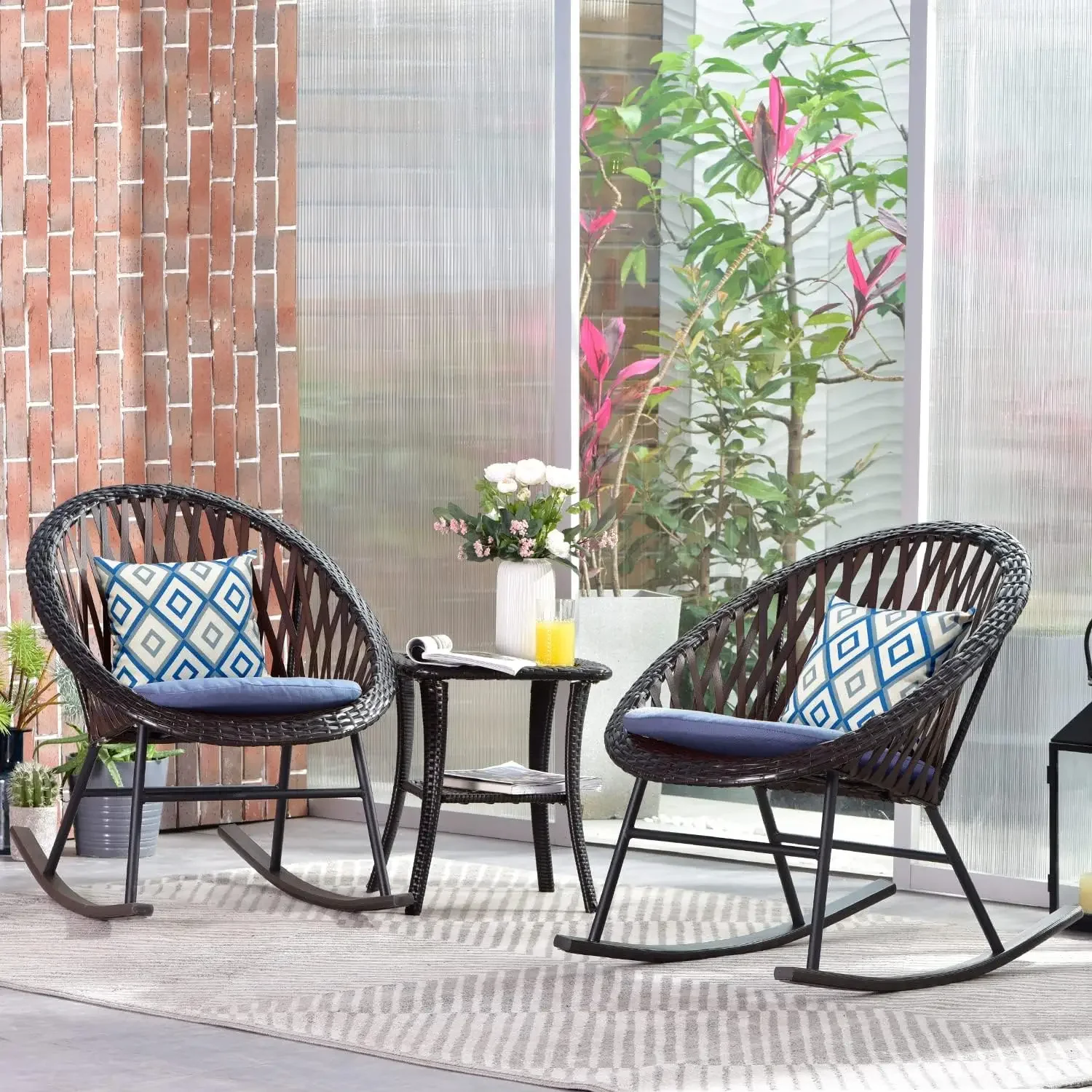 

3 Piece Outdoor Patio Rocking Bistro Set, Porch Rocking Chairs Conversation Sets with Glass Coffee Table for Small Space